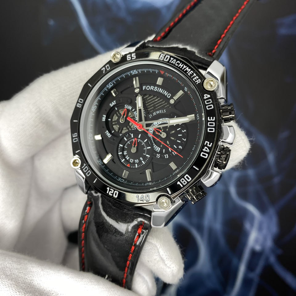 Купити Чоловічий механічний годинник Forsining 6910 Silver-Black з автопідзаводом та фазами місяця