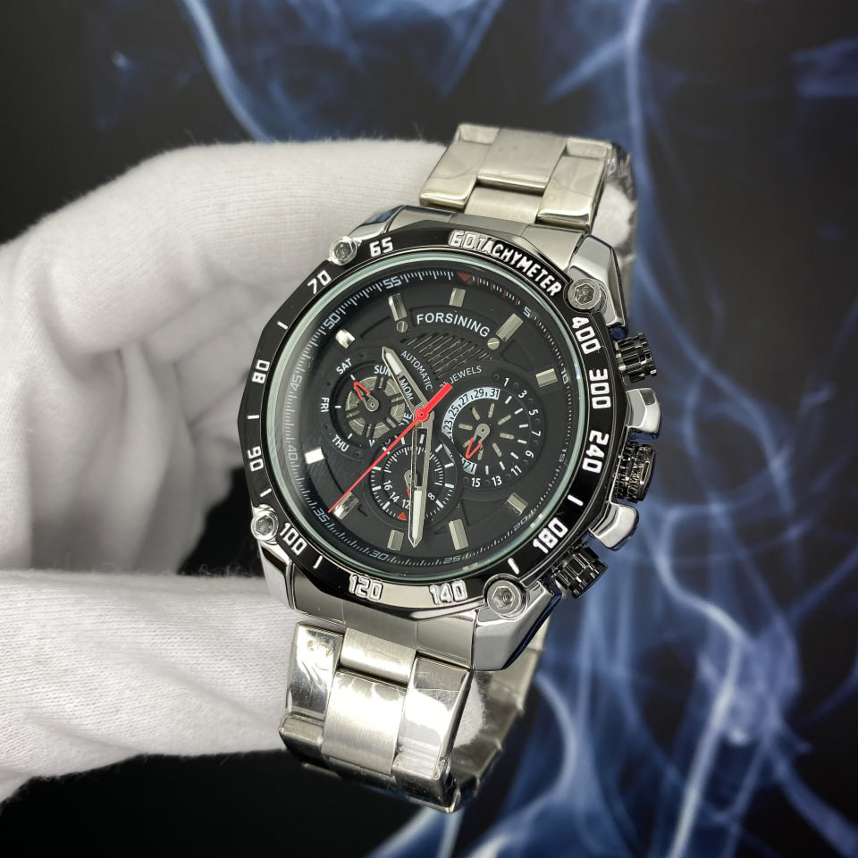 Купити Чоловічий механічний годинник Forsining 6910 Silver-Black з автопідзаводом та фазами місяця