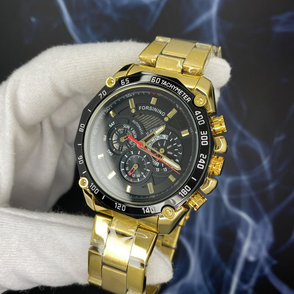 Купити Чоловічий механічний годинник Forsining 6910 Silver-Black з автопідзаводом та фазами місяця