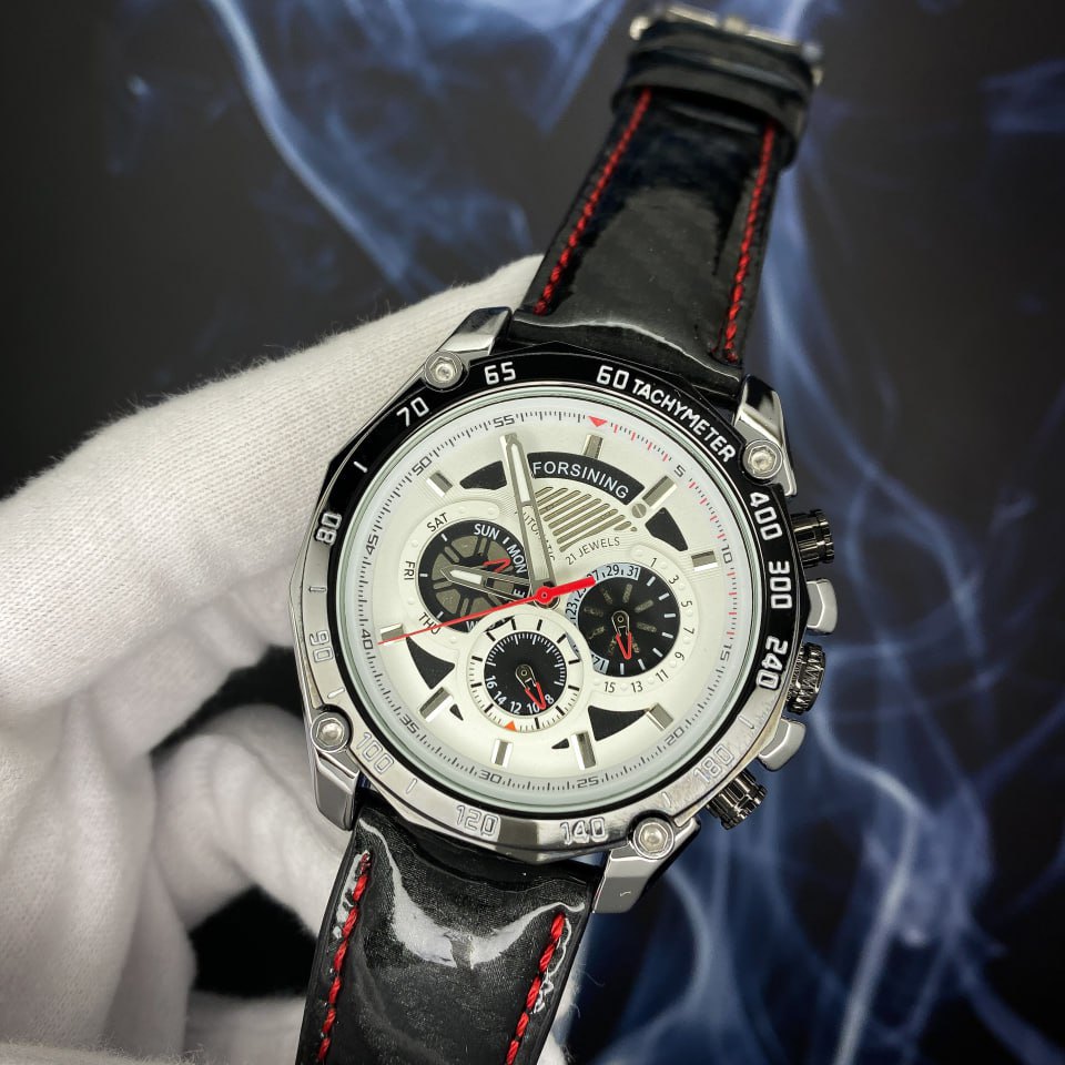Купити Чоловічий механічний годинник Forsining 6910 Silver-Black з автопідзаводом та фазами місяця