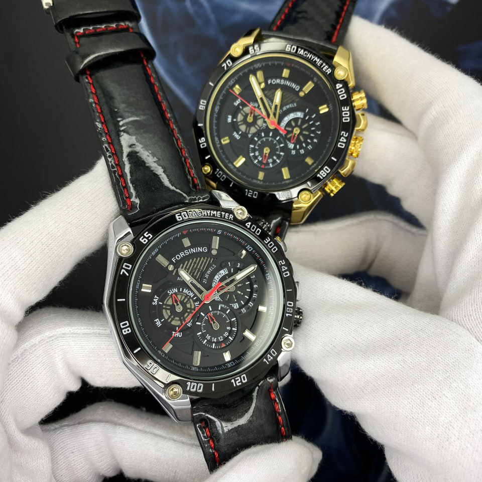 Купити Чоловічий механічний годинник Forsining 6910 Silver-Black з автопідзаводом та фазами місяця