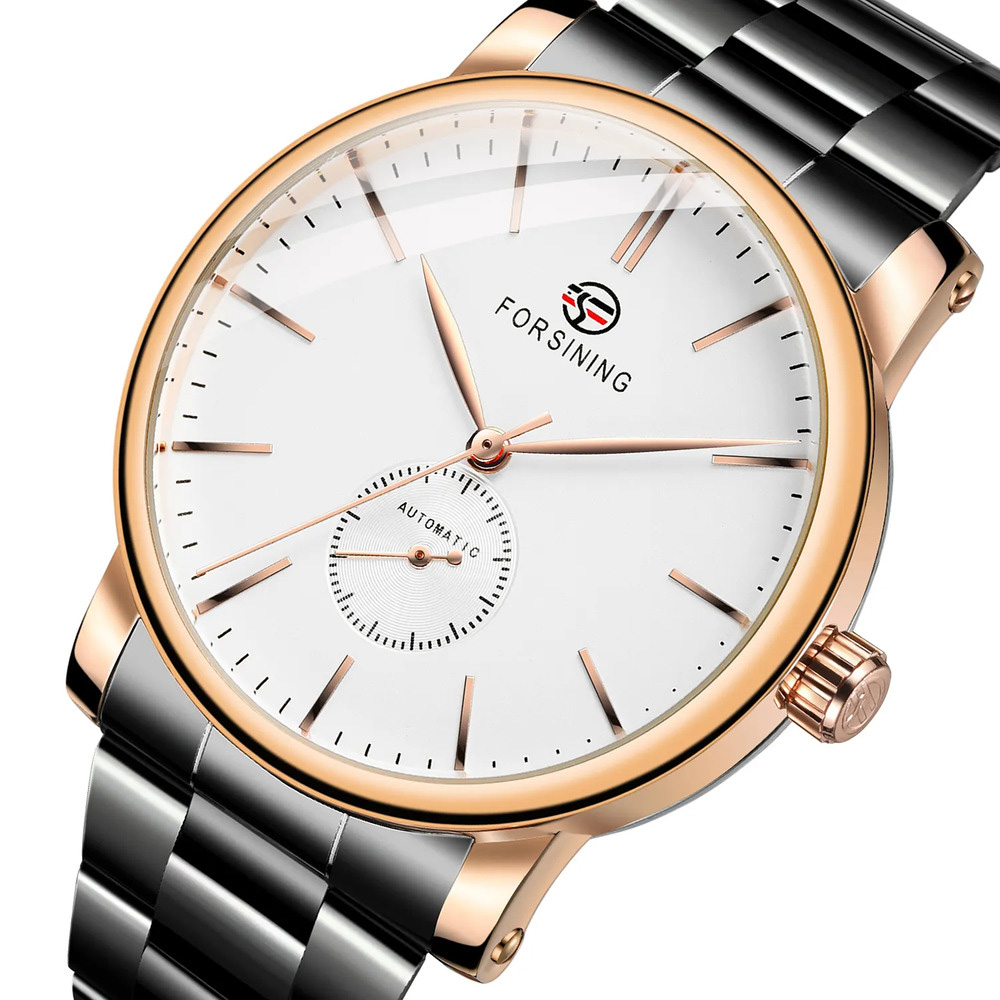 Купити Чоловічий механічний годинник Forsining 8214 Rose Gold-White з автопідзаводом та люмінесцентною підсвіткою