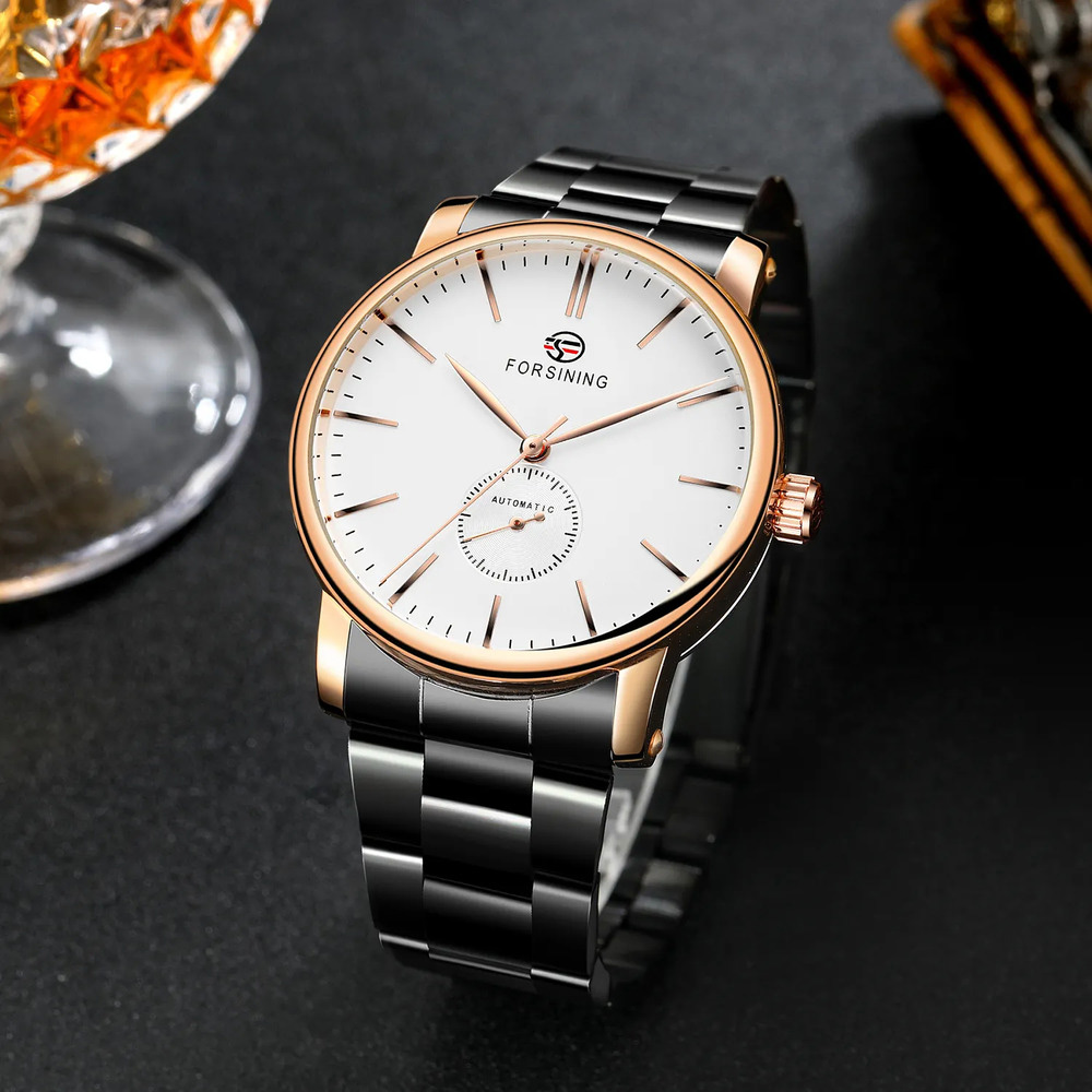 Купити Чоловічий механічний годинник Forsining 8214 Rose Gold-White з автопідзаводом та люмінесцентною підсвіткою