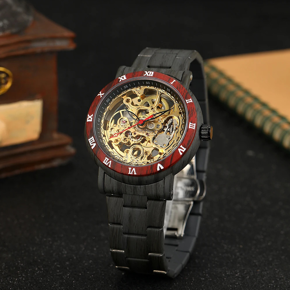 Купити Чоловічий механічний годинник Forsining 8277 Black-Red-Gold з автопідзаводом та прозорим циферблатом