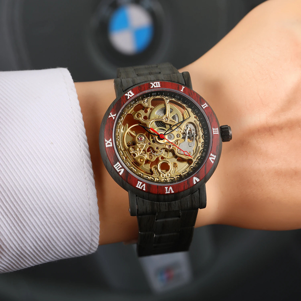 Купити Чоловічий механічний годинник Forsining 8277 Black-Red-Gold з автопідзаводом та прозорим циферблатом