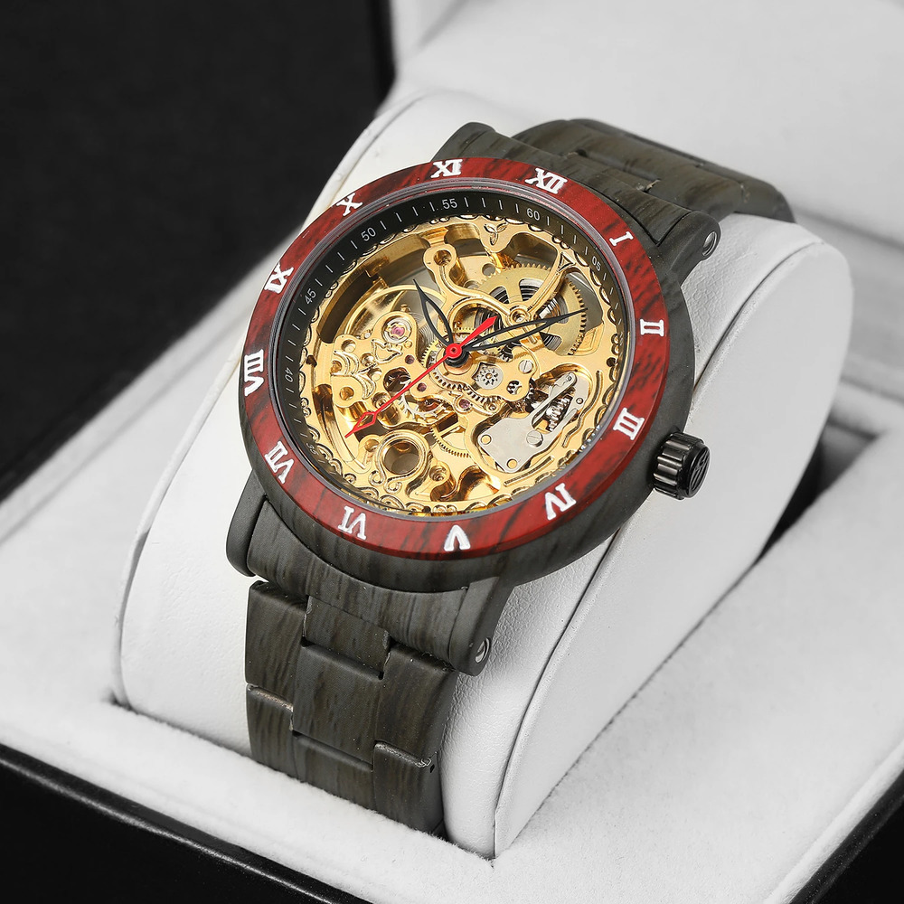 Купити Чоловічий механічний годинник Forsining 8277 Black-Red-Gold з автопідзаводом та прозорим циферблатом