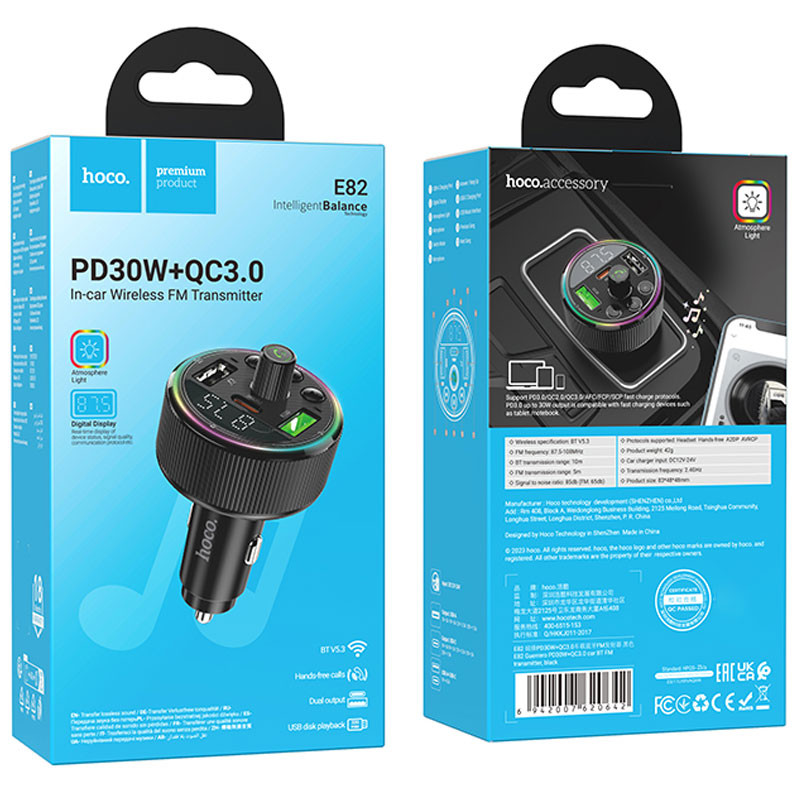 Купити АЗП FM модулятор Hoco E82 Guerrero PD30W+QC3.0 (2USB-A/1C)
