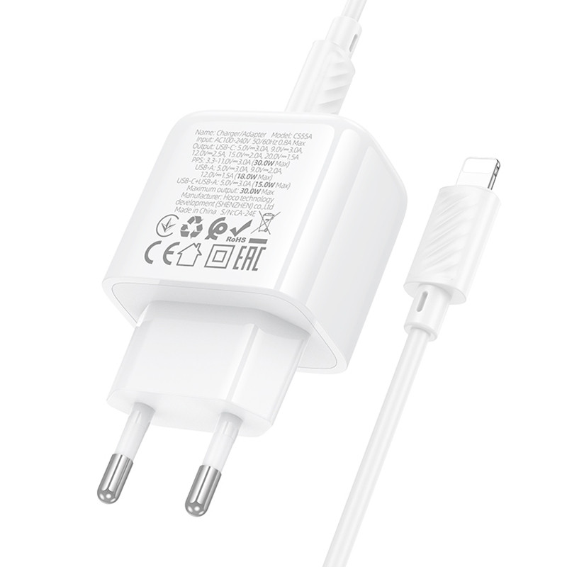 Купити МЗП Hoco CS55A Surplus PD30W+QC3.0 (1USB-A/1C) + кабель Type-C to Lightning