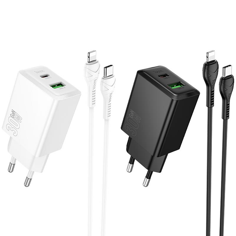 Купити МЗП Hoco N71 Nuevo PD30W+QC3.0 (1USB-A/1C) + кабель Type-C to Lightning