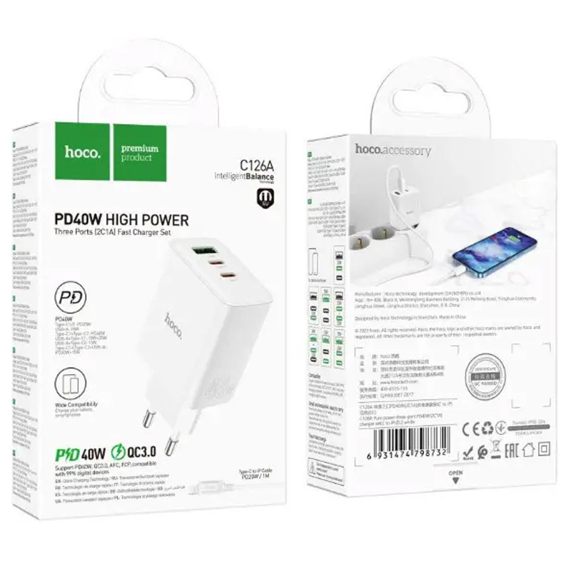 Купити МЗП Hoco C126A PD40W+QC3.0 (1USB/2Type-C)
