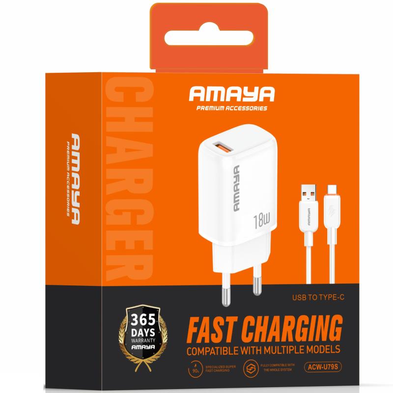 Купити МЗП Amaya U79S QC3.0 18W (1USB-A) + кабель USB to Type-C