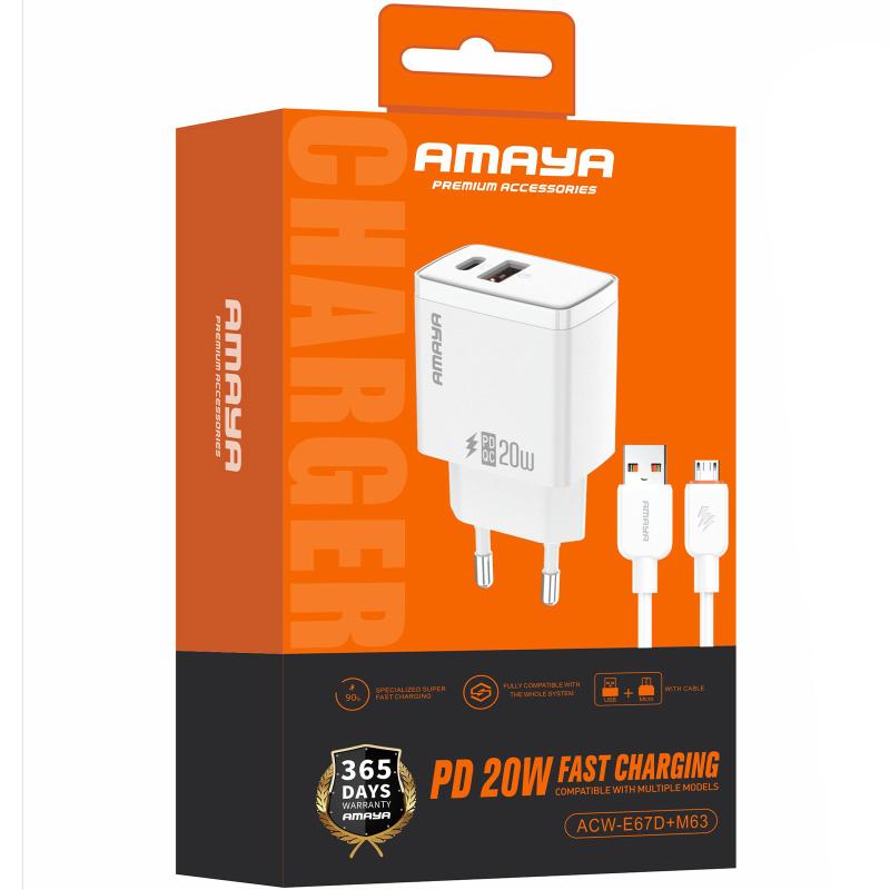 Купити МЗП Amaya E67D PD20W+QC3.0 (1USB-A/1C) + кабель USB to MicroUSB