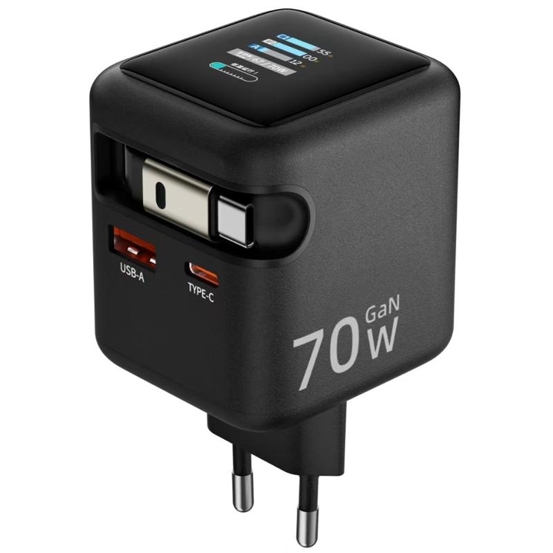 Купити МЗП Amaya E700D PD70W+QC3.0 GaN (1USB-A/1C) + Retractable Cable Type-C