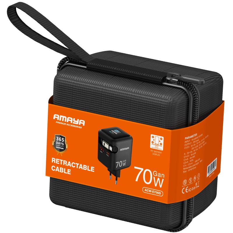 Купити МЗП Amaya E700D PD70W+QC3.0 GaN (1USB-A/1C) + Retractable Cable Type-C