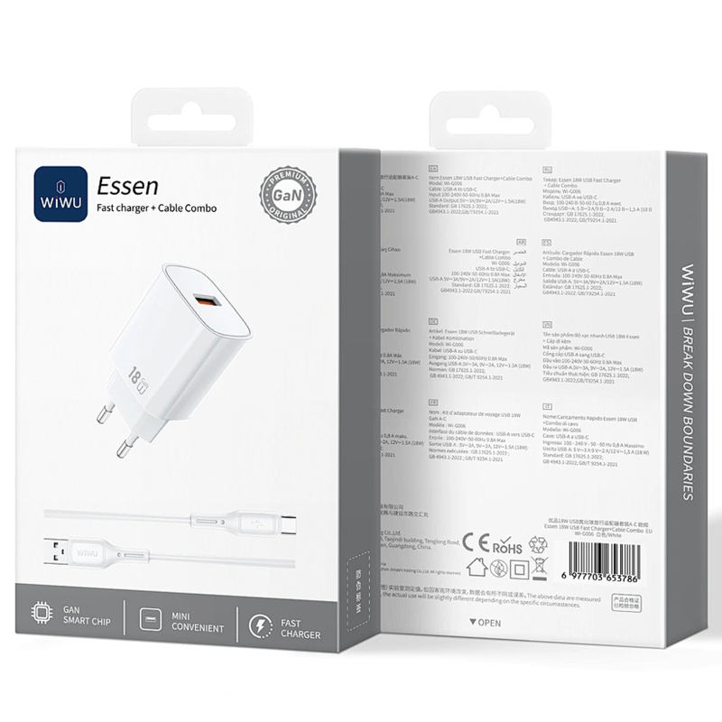 Купити МЗП WIWU G006 Essen QC3.0 18W GaN (1USB-A) + кабель USB to Type-C