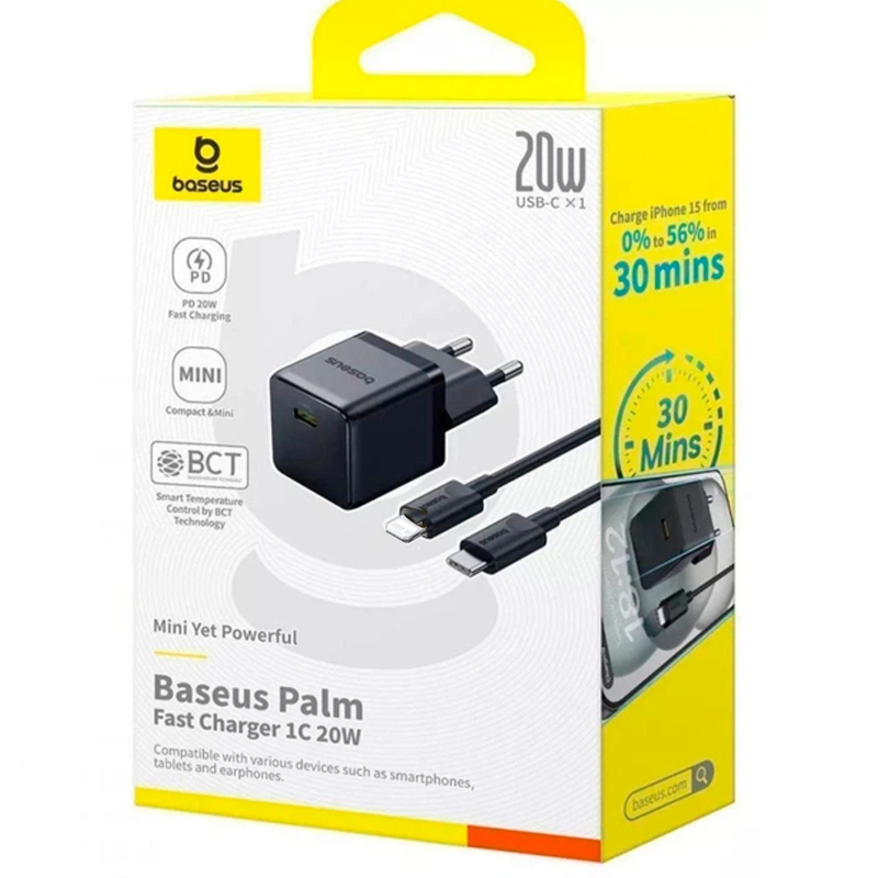 Купити МЗП Baseus Palm Fast Charger 20W (1USB-C) + кабель Type-C to Lightning (E01164)