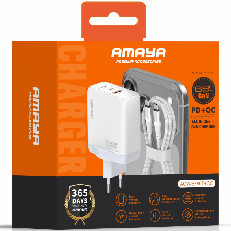 Купити МЗП Amaya E780T PD45W+QC3.0 GaN (1USB-A/2C) + кабель Type-C to Type-C
