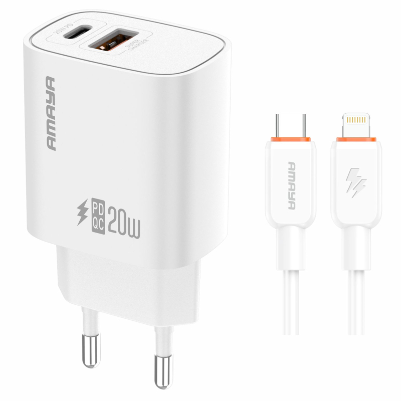 Купити МЗП Amaya E74D PD20W+QC3.0 (1USB-A/1C) + кабель Type-C to Lightning