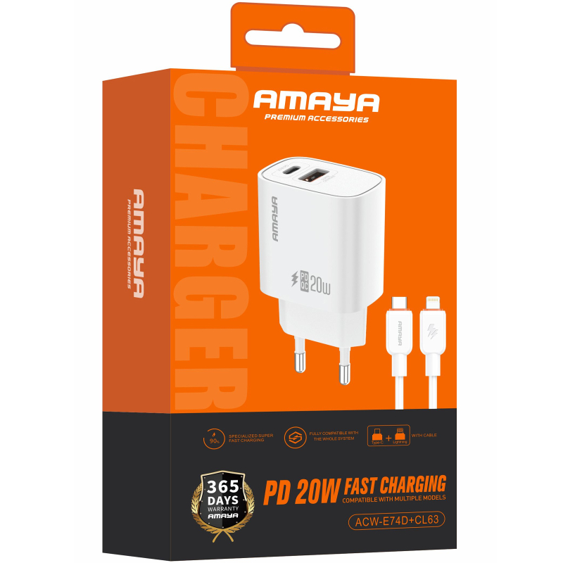 Купити МЗП Amaya E74D PD20W+QC3.0 (1USB-A/1C) + кабель Type-C to Lightning